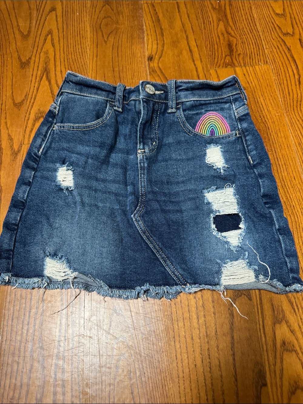 Justice Dark Blue Distressed Denim Mini Skirt with Rainbow Patch